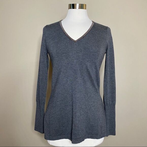 Ecru metal Mesh Trim V-Neck Tunic Sweater Gray - Picture 2 of 9